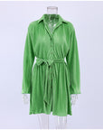 Green Pleated Skinny Puff Sleeve Pleated Dress