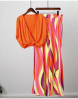 V-neck Bat Sleeve Top Printed Wide-leg Pants Suit