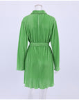 Green Pleated Skinny Puff Sleeve Pleated Dress