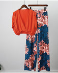 V-neck Bat Sleeve Top Printed Wide-leg Pants Suit