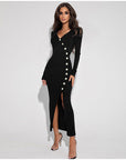 Knitted Women Long Sleeve Hem Slit With Button Dress