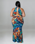 Plus Size Women Double Wear Leaf Print Sleeveless Mermaid Bodycon Maxi