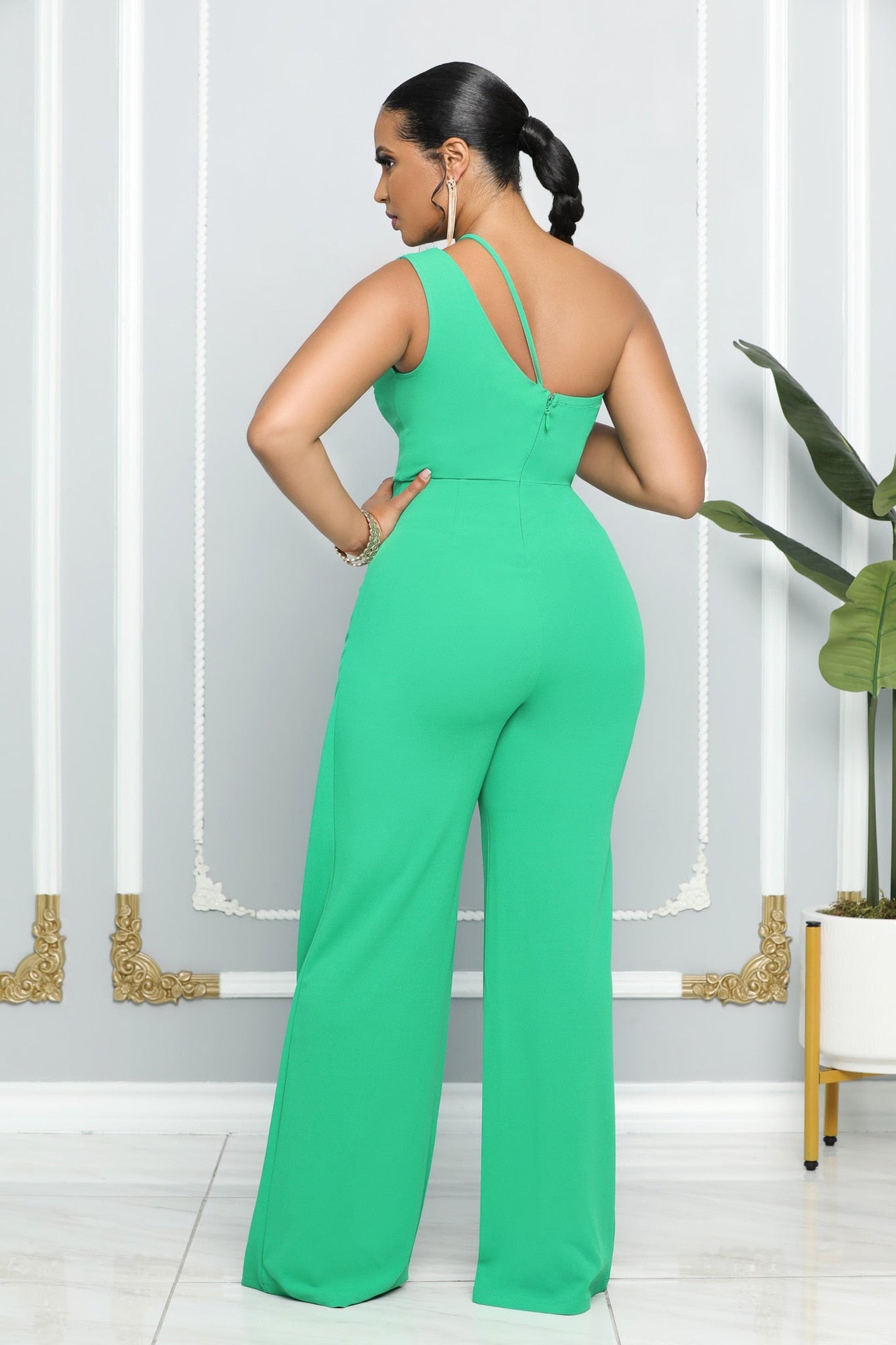 One Shoulder Sleeveless Wide Leg Solid Elegant Pants Jumpsuits