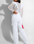 Women Long Sleeve V Neck Lace Insert Casual Pants Jumpsuit