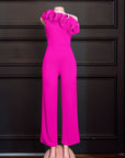 One Shoulder Rose Ruffles High Waisted Pants Jumpsuit