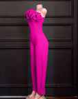 One Shoulder Rose Ruffles High Waisted Pants Jumpsuit