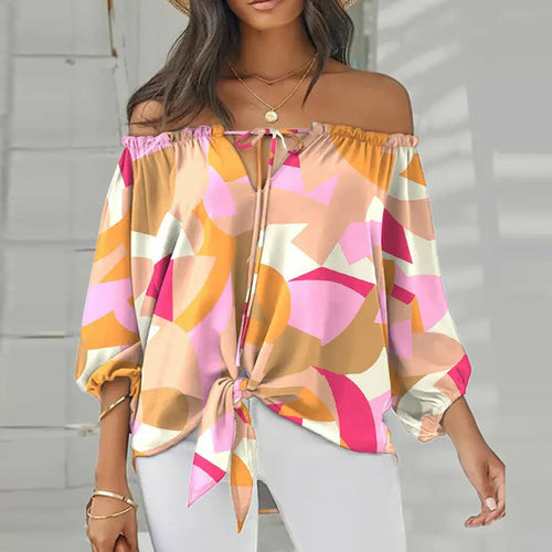 Summer Lace-up Slash Neck Blouses Printed Long Sleeve Tops