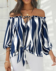 Summer Lace-up Slash Neck Blouses Printed Long Sleeve Tops