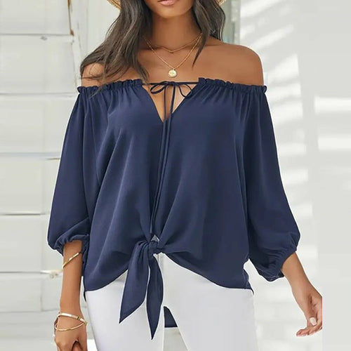 Summer Lace-up Slash Neck Blouses Printed Long Sleeve Tops