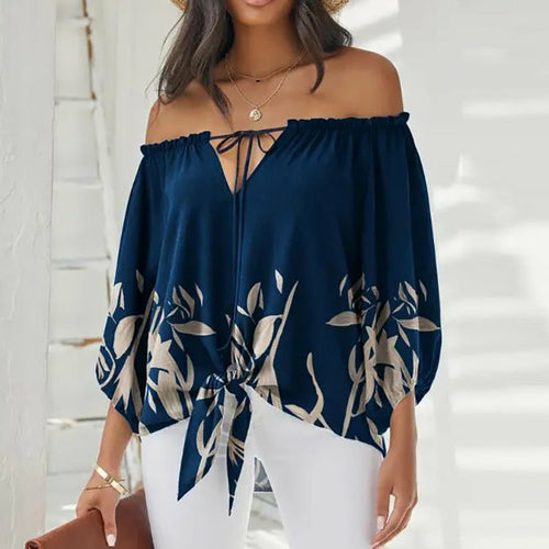 Summer Lace-up Slash Neck Blouses Printed Long Sleeve Tops