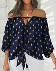 Summer Lace-up Slash Neck Blouses Printed Long Sleeve Tops