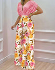 V-neck Bat Sleeve Top Printed Wide-leg Pants Suit