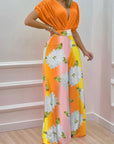 V-neck Bat Sleeve Top Printed Wide-leg Pants Suit