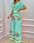 V-neck Bat Sleeve Top Printed Wide-leg Pants Suit