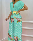 V-neck Bat Sleeve Top Printed Wide-leg Pants Suit