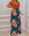 V-neck Bat Sleeve Top Printed Wide-leg Pants Suit