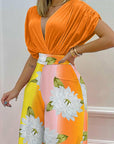 V-neck Bat Sleeve Top Printed Wide-leg Pants Suit