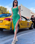 Women Bodycon Sleeveless Knitted Square Collar Midi Dress