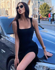 Women Bodycon Sleeveless Knitted Square Collar Midi Dress