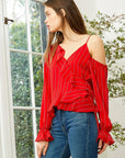 Women's Asymmetrical Shoulder Ruffle Top in Red