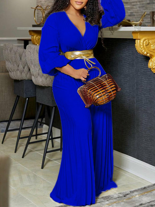 Elegant V Neck Pleated Pants Jumpsuit Wide Leg