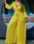 Elegant V Neck Pleated Pants Jumpsuit Wide Leg