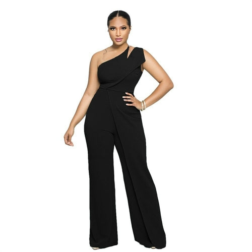 One Shoulder Sleeveless Wide Leg Solid Elegant Pants Jumpsuits