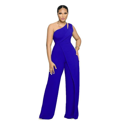 One Shoulder Sleeveless Wide Leg Solid Elegant Pants Jumpsuits