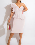 One Shoulder Ruffles Slim Bodycon Midi Skirt Set