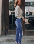 Dark Blue Washed Distressed Pants with Slits Skinny Jeans