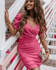 Rose Red V Neck Wrap Bubble Sleeved Ruched Bodycon Dress