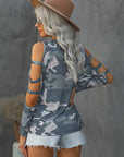 Camouflage Shoulder To Hollow Out Long Sleeve Women's Top