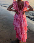 Pink Deep V Neckline Long Dress Tiered Ruffled Summer Dress