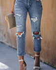 Fading Distressed Pants With Holes Crop Jeans