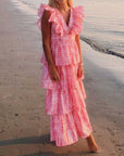 Pink Deep V Neckline Long Dress Tiered Ruffled Summer Dress