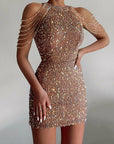 Hanging Neck Sexy Crystal Tassel Hip Sequin Dress