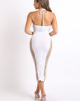 Sexy Cut Out Rhinestone Fishnet Contrast Clubwear Party Dress WHITE