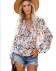 Multi-color Wrap V Neck Lantern Sleeve Floral Print Drape Tops