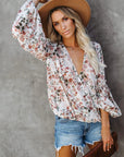 Multi-color Wrap V Neck Lantern Sleeve Floral Print Drape Tops