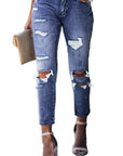 Fading Distressed Pants With Holes Crop Jeans