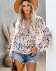 Multi-color Wrap V Neck Lantern Sleeve Floral Print Drape Tops