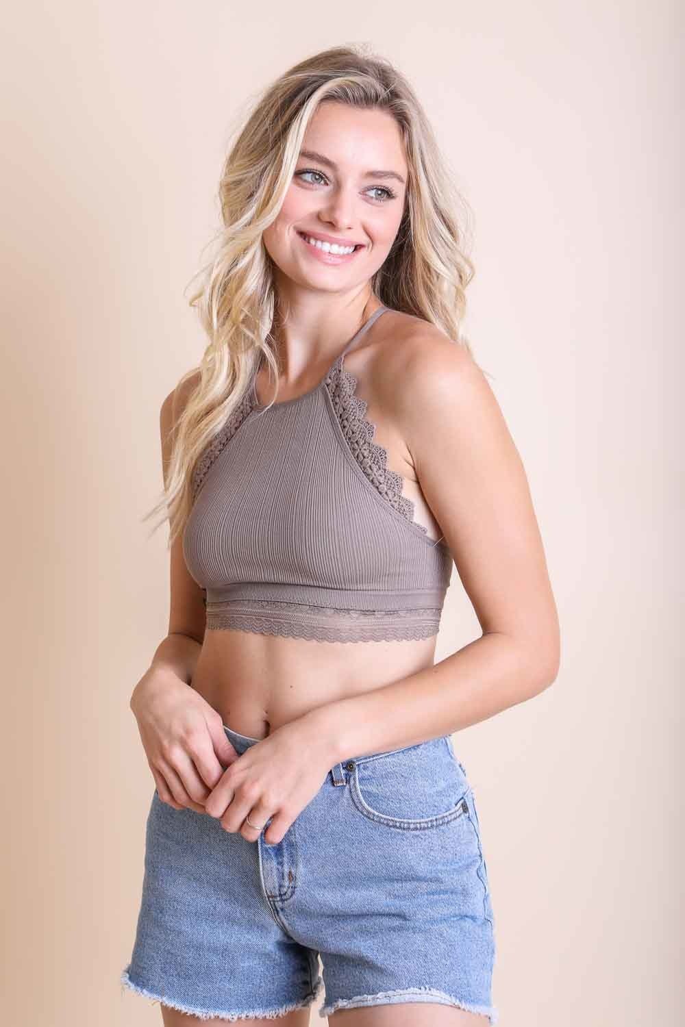 High Neck Crochet Trim Bralette Tops For Women